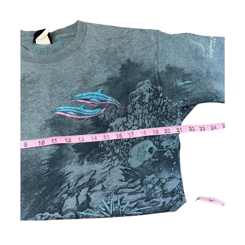 vintage 90s embroidered dolphin single stitch all over print ocean tshirt large - Picture 6 of 10